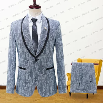2023 Naujo Stiliaus vyriški kostiumai Šviesiai Mėlyna Džinsinio audinio Žakardo Slim Fit Vieno Mygtuko Vestuves 2 Gabaliukų Striukė, Kostiumas Kelnės Kailis Rinkinys