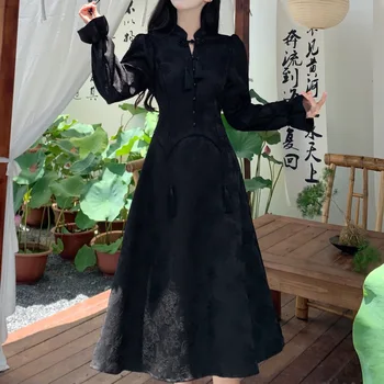 2024 naujas kinų stiliaus suknelė moterų rudenį nauji didelio dydžio moteriški retro pagerėjo qipao ilga suknelė juoda cheongsam suknelė