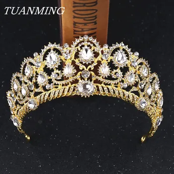 Aukso Baroko Crystal Crown Royal Tiara Nuotakos Šukuosena Kristalų Prom Konkurso Karūnos Plaukų Aksesuarai Moterims