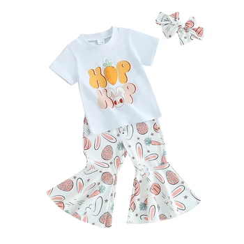Baby Girl Bell Bottom Apranga trumpomis Rankovėmis T-shirt Flare Kelnės Su Lankelis 3Pcs Drabužių Nustatyti Easter Bunny Komplektai