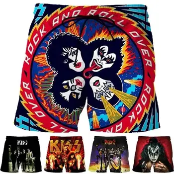 Hard Rock KISS Juosta Meilės Ginklą Paplūdimio Šortai Vyrams Cool 3D Sunkiųjų Metalų Valdybos Šortai, maudymosi kostiumėlį homme 2023 Plaukti Lagaminai Hip-Hop Ledo Trumpas