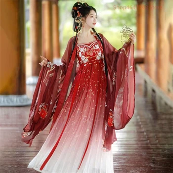 Kinijos Hanfu Suknelė Moterims Tradicinė Derliaus Hanfu Helovyno Cosplay Kostiumų Vasaros Šokių Suknelė Hanfu Gradientas Raudona 3pcs Rinkiniai