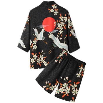 Krano Spausdinti Yukata Harajuku Kimono Šortai Rinkiniai Vasara Dviejų dalių Kostiumas Mados Japonijos Megztinis Berniukams, Mergaitėms Cosplay Azijos Drabužių