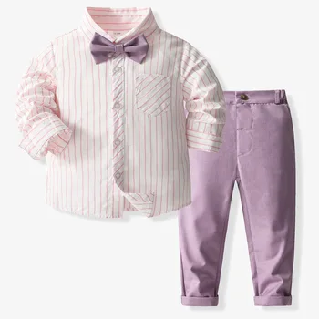 Kūdikių Džentelmenas Suknelė Nustatyti Vaikų Kostiumas Berniukams Lankas + Stripe Marškinėliai + Kelnės 3PCS Oficialią Dėvėti