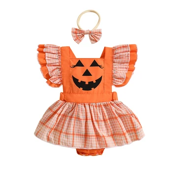 Kūdikių Mergaičių 2vnt Halloween Apranga Pynimas Rankovės Moliūgų Spausdinti Romper Suknelė su Lankelis Nustatyti Naujagimių Drabužiai