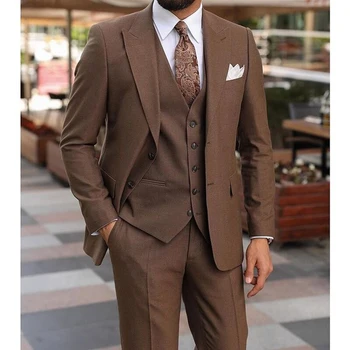 Luxury Brown Vyrų Kostiumai Vieną Krūtinėmis Pasiekė Atvartas Oficialus Elegantiškas 3 Gabalas Striukė, Kelnės, Liemenė Slim Fit Švarkas Vyrų Medžiaga