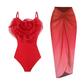 Moterų bikinio 2024 m. Moters Retro 3D Gėlių vientisi maudymosi kostiumėlį Su Sijonu danga-ups seksualus Monokini Bodysuit Maudymosi Kostiumas, Paplūdimio Drabužiai