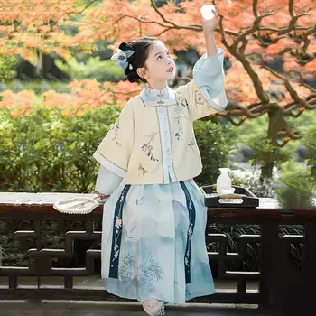 Mėlyna Hanfu Kinijos tradicinės Tango suknelė ilgomis rankovėmis rudens ir žiemos spalvingas siuvinėjimo ilgomis rankovėmis Kinų stiliaus mergina suknelė