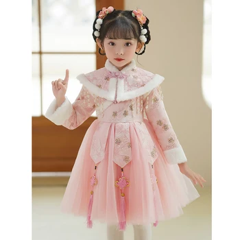 Nėriniai Siuvinėjimo Gėlių Mergaitės Suknelė Vestuvių Merginos Cheongsam Suknelė Kinijos Hafu Mielas Vaikai Šalis Suknelės Kūdikių Naujieji Metai Suknelė