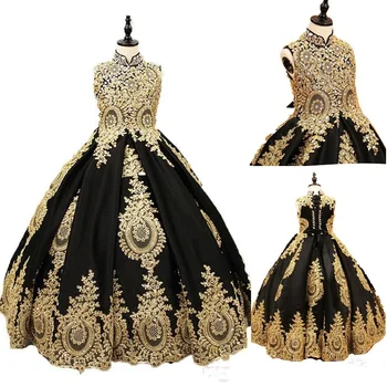 Prabangus Juodos Ir Aukso Nėrinių Gėlių Mergaitės Suknelė Aukštu Kaklu Su Korsetas Atgal Kristalų Dizaineris Vaikų Pirmoji Komunija Inscenizacija Suknelė