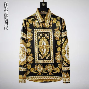 VAGUELETTE Mens Prabanga Aukso Gėlių Spausdinti Suknelė Marškiniai Baroko Stiliaus ilgomis Rankovėmis Slim Fit Marškinėliai Vyrams Aukštos Kokybės