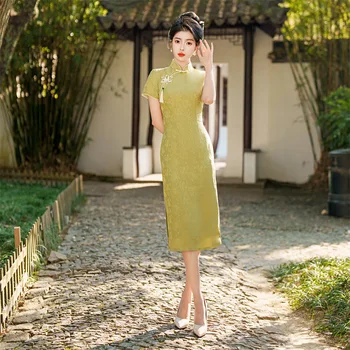 Vasarą Naujasis Kinijos Stiliaus Modifikuotų Cheongsam Jaunų Žakardo Vidutinio Ilgio Dvigubo Sluoksnio Mažų Šviežių Qipao Suknelė Moterims